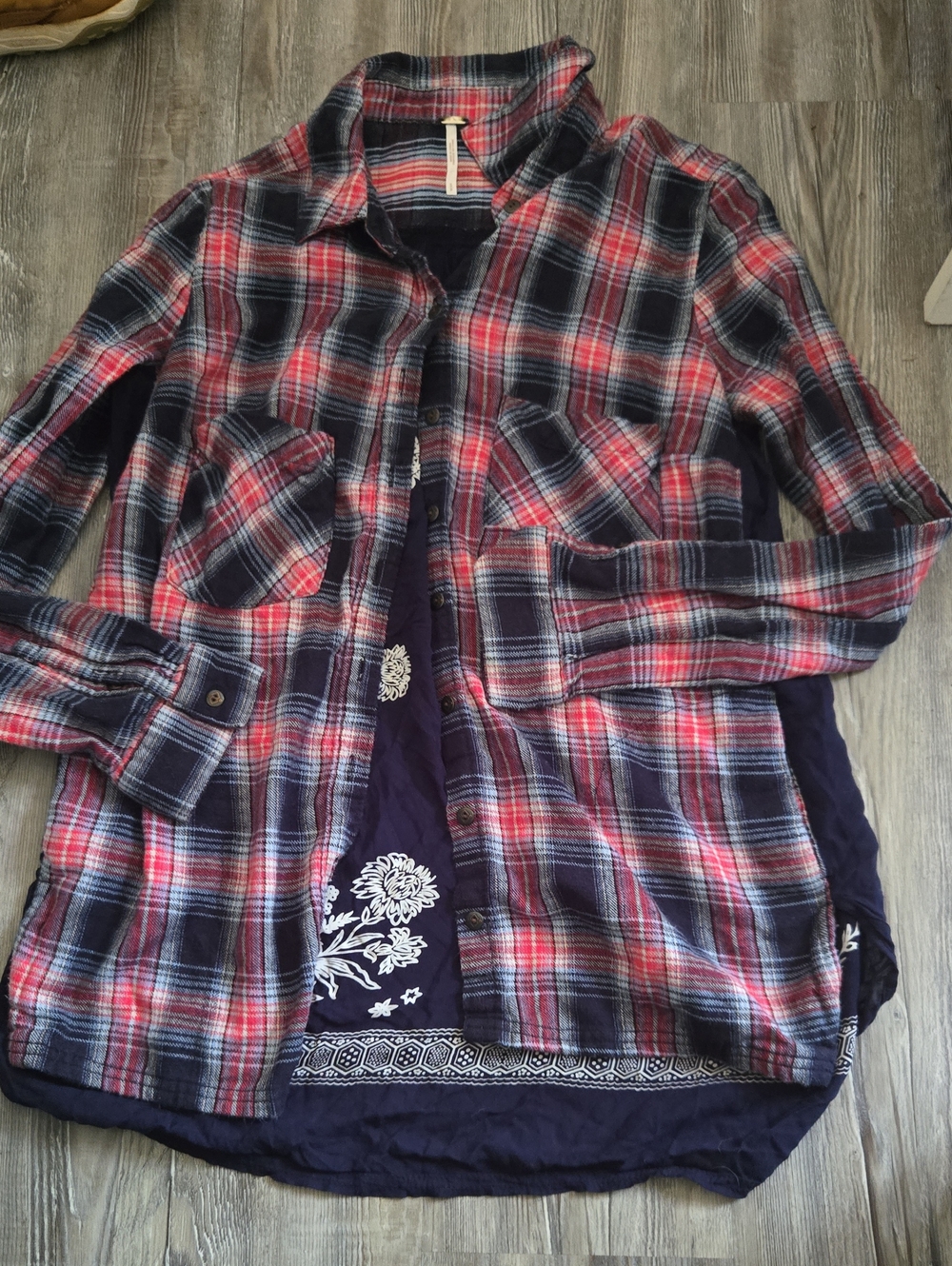 Free People Navy and Red Plaid Button-Front Shirt